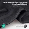 Close-up of a dark gray towel with text overlays highlighting its features. Produktbild-Vorschau