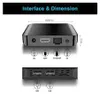 Diagram showing the interfaces and dimensions of a black TV box. Produktbild-Vorschau