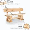 A wooden garden bench with labels highlighting its features. Produktbild-Vorschau