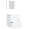 A white bathroom vanity with a sink and a mirror above it, set against a white background. Produktbild-Vorschau