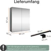 Product dimensions and details for a bathroom cabinet and light. Produktbild-Vorschau