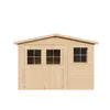 A wooden garden shed with two windows on the left and one window on the right, and double doors in the center. Produktbild-Vorschau