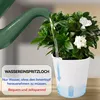 A plant is being watered from a watering can into a self-watering pot. Text overlays describe the watering feature. Produktbild-Vorschau