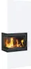 A white corner fireplace with a glass door showing flames inside. Produktbild-Vorschau