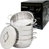 A stainless steel steamer pot set with its packaging. Produktbild-Vorschau