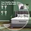 A bedroom scene with a mattress and bed frame, featuring illustrations of sleeping positions on the wall and text promoting healthy sleep. Produktbild-Vorschau