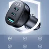A close-up marketing image of a car charger with multiple ports and a digital display, set against a gradient background with a shield graphic. Produktbild-Vorschau