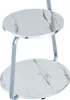 A close-up view of a two-tiered side table with a marble-like pattern on the surfaces and a silver-colored metal frame. Podgląd zdjęcia produktu