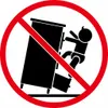 A prohibition symbol showing a baby climbing on a tall cabinet that is about to tip over. Voir les images du produit
