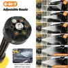 A collage of images showing a 6-in-1 adjustable nozzle for a pressure washer, demonstrating different spray patterns and angles. Produktbild-Vorschau
