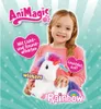 A young girl is holding a plush unicorn toy. The background has a radiating pattern and sparkles. Produktbild-Vorschau