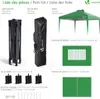 A collage of images showing the different parts of a pop-up gazebo, including the frame, bag, canopy, window panels, door panels, sandbags, ropes, and stakes. Produktbild-Vorschau