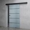 A modern glass sliding door with frosted glass panels and black horizontal accents, mounted on a black track against a textured gray concrete wall.