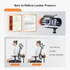 A collage of images showcasing the features of an ergonomic chair, including patent certificates, a cutaway view of the internal mechanism, and two side-view demonstrations of the chair's lumbar support adjustment. Náhled obrázku produktu