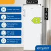 A white freezer with feature callouts and dimensions. Produktbild-Vorschau