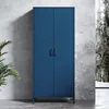 A dark blue metal wardrobe stands against a concrete wall with a plant in the foreground and a winter forest scene visible through a window on the right. Voir les images du produit