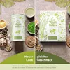 A split image showing two versions of vegan protein packaging, surrounded by ingredients like peas, seeds, and coconut flakes. Anteprima dell’immagine prodotto