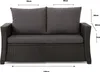 A close-up view of a dark gray outdoor sofa with gray cushions, showing dimensions. Produktbild-Vorschau
