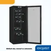A black wine cooler with its door open, showing rows of wine bottles on shelves. The background is white with an orange graphic element at the top left. Text and a logo are present at the bottom right. Produktbild-Vorschau