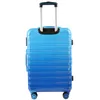 A blue suitcase with a telescopic handle and wheels, shown from the front. Produktbild-Vorschau