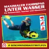 A woman is underwater using a yellow water scooter. The image is framed by a red border with text and icons. Produktbild-Vorschau