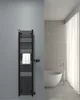 A modern bathroom with a black towel warmer, a white bathtub, and large white curtains. Produktbild-Vorschau