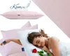 A collage of images featuring a pink pillow, a woman sleeping on a pillow, and a close-up of pillow fabric. Produktbild-Vorschau