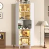 A tall, white corner cabinet with glass doors and internal LED lighting, displaying various decorative items. Produktbild-Vorschau