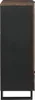 Side view of a tall, narrow cabinet with a wooden top and sides, and a black front panel. Voir les images du produit