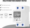 A white multifunction energy meter is shown on a light gray surface with text and icons describing its features. Produktbild-Vorschau