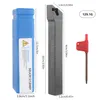 A set of metalworking tools including a tool holder, a hex wrench, and a storage case, with dimensions indicated. Produktbild-Vorschau
