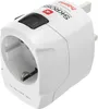 A white travel adapter with branding and specifications visible. Náhled obrázku produktu
