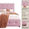 A pink upholstered bed with a tufted headboard and footboard, shown with bedding and a throw blanket. Smaller inset images highlight details of the bed. Produktbild-Vorschau