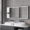 A modern bathroom vanity with two sinks and a large illuminated mirror. Produktbild-Vorschau