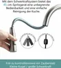 A hand holding a kitchen faucet sprayer with a flexible hose, with diagrams illustrating its movement and a text description of its features. Produktbild-Vorschau