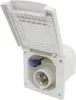 A white CEE outdoor socket with its lid open, showing the three-pin connector inside. Podgląd zdjęcia produktu