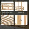 A collage of four close-up images showcasing different features of a wooden bunk bed, with German text labels. Podgląd zdjęcia produktu