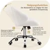 A white fluffy office chair with chrome accents, shown with diagrams and text explaining its features. Produktbild-Vorschau