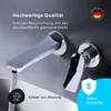 A close-up of a modern wall-mounted faucet with water flowing into a sink, accompanied by marketing text and icons. Produktbild-Vorschau