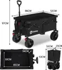 A collage of images showing a foldable wagon and its dimensions, including a folded state and a close-up of its interior. Voir les images du produit