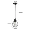 A black pendant light with a cage-like shade and an Edison-style bulb, shown with dimensions indicated by measurement lines and text. Produktbild-Vorschau