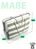 A striped tote bag with dimensions and weight indicated. Produktbild-Vorschau