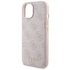 A pink iPhone case with a repeating Guess logo pattern and a gold Guess logo at the bottom, shown from a side angle. Podgląd zdjęcia produktu