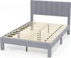 A grey upholstered bed frame with a slatted wooden mattress support is shown against a white background. Náhled obrázku produktu