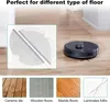 A robotic vacuum cleaner is shown on a wooden floor, with a close-up of a cleaning pad and examples of different floor types below. Produktbild-Vorschau