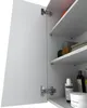 Close-up view of an open white bathroom cabinet with shelves and products inside. Voir les images du produit