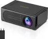 A black mini projector is shown on a white reflective surface. Náhľad obrázku produktu