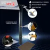 A black outdoor shower with various features highlighted by callout circles and text. Produktbild-Vorschau