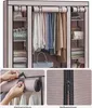 A collage showing a fabric wardrobe with clothes and accessories, and close-ups of its closure mechanisms. Produktbild-Vorschau