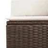 Close-up view of a brown poly rattan sofa with white cushions. Produktbild-Vorschau
